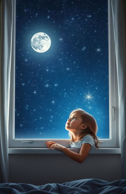 A young girl gazing up at the night sky full of twinkling stars, through her large bedroom window