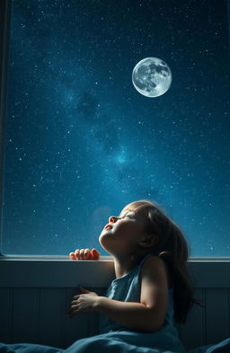 A young girl gazing up at the night sky full of twinkling stars, through her large bedroom window