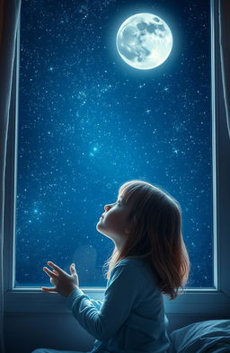 A young girl gazing up at the night sky full of twinkling stars, through her large bedroom window