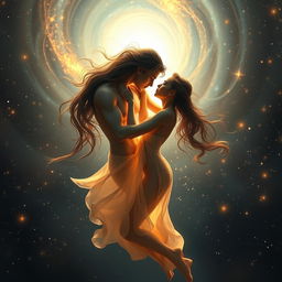 A passionate, romantic embrace between two ethereal beings, their forms intertwined in a cosmic dance of light and shadow, surrounded by a dreamy, celestial backdrop of swirling galaxies and twinkling stars