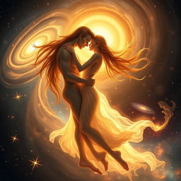 A passionate, romantic embrace between two ethereal beings, their forms intertwined in a cosmic dance of light and shadow, surrounded by a dreamy, celestial backdrop of swirling galaxies and twinkling stars