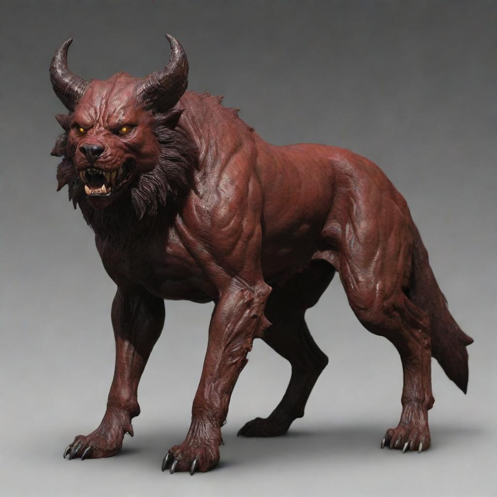 Alter the demon's face to be significantly more beast-like, resembling the features of a dog, while maintaining his full body, smooth armor untouched.