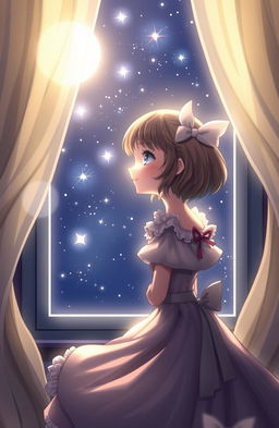 A whimsical character resembling a girl gazing at the stars through her window