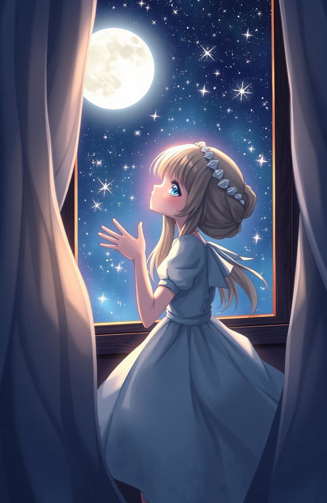 A whimsical character resembling a girl gazing at the stars through her window