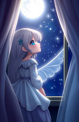 A whimsical character resembling a girl gazing at the stars through her window