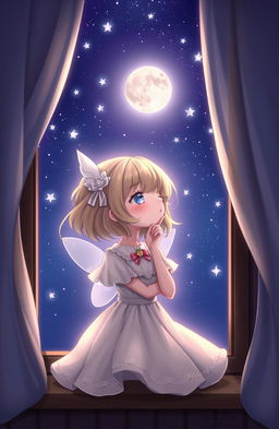 A whimsical character resembling a girl gazing at the stars through her window