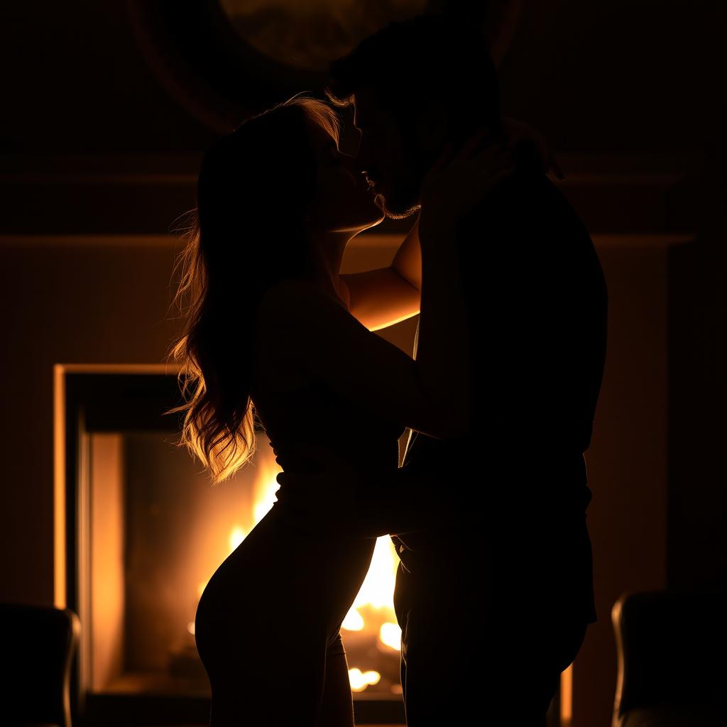 Sensual depiction of a couple kissing passionately in a dimly lit room, their bodies silhouetted against the soft glow of a fireplace