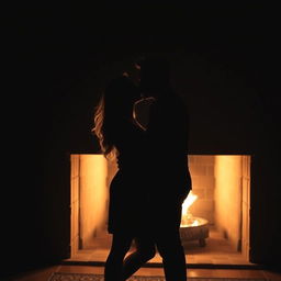 Sensual depiction of a couple kissing passionately in a dimly lit room, their bodies silhouetted against the soft glow of a fireplace