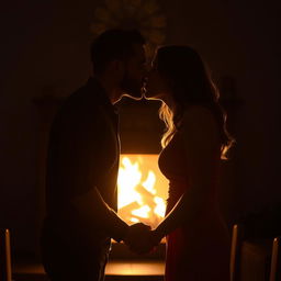 Sensual depiction of a couple kissing passionately in a dimly lit room, their bodies silhouetted against the soft glow of a fireplace