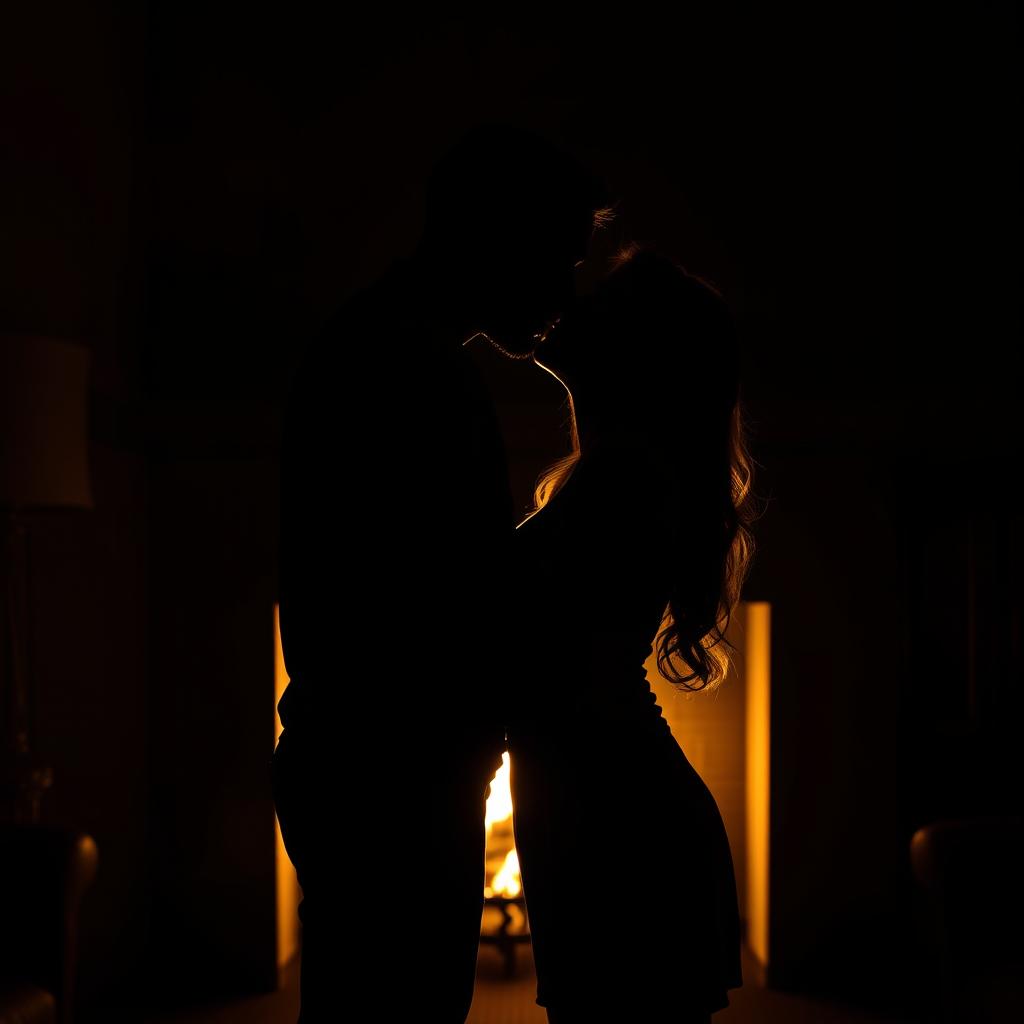 Sensual depiction of a couple kissing passionately in a dimly lit room, their bodies silhouetted against the soft glow of a fireplace