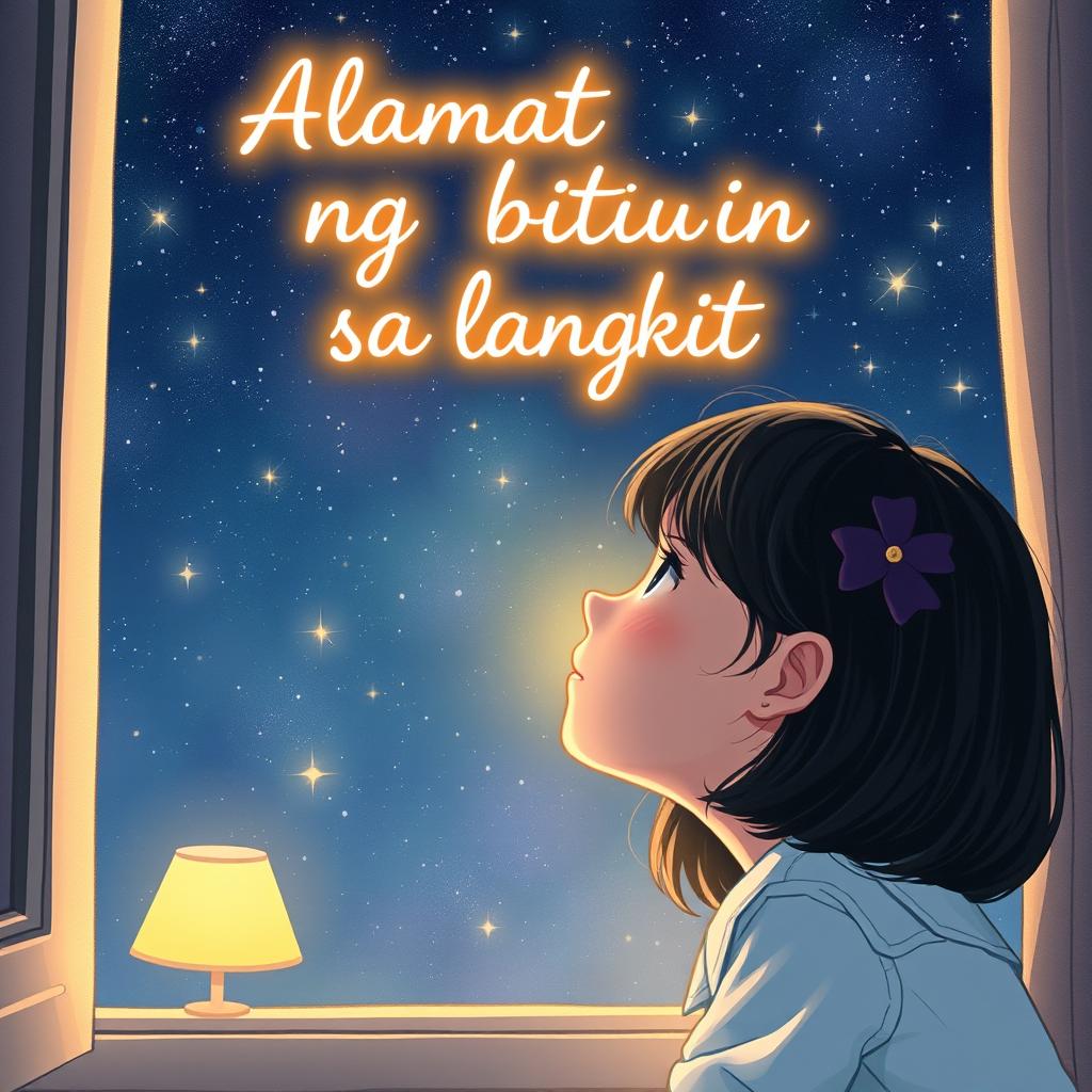 A girl gazing at the stars from a window, her face illuminated by the gentle starlight