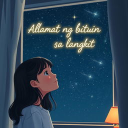 A girl gazing at the stars from a window, her face illuminated by the gentle starlight