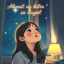 A girl gazing at the stars from a window, her face illuminated by the gentle starlight