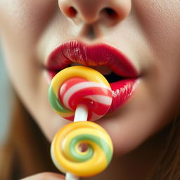 Close-up photograph of a woman's mouth as she delicately enjoys a lollipop