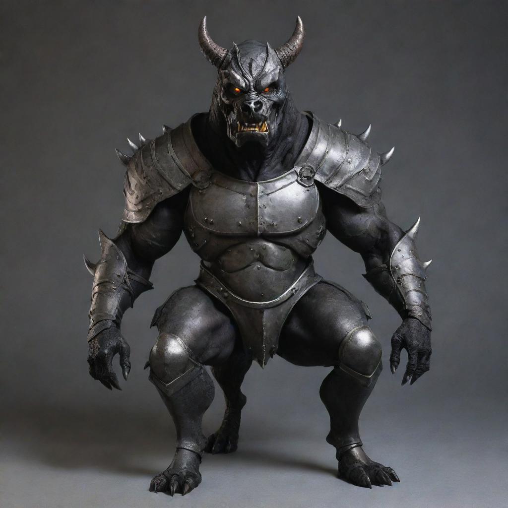 Reapply the suit of full-body, heavy smooth armor on the demon, preserving the dog-like features of his face.