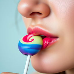 Close-up photograph of a woman's mouth as she delicately enjoys a lollipop