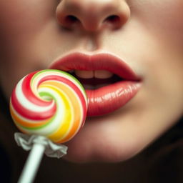 Close-up photograph of a woman's mouth as she delicately enjoys a lollipop