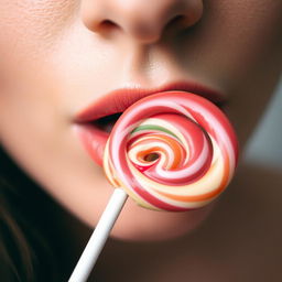 Close-up photograph of a woman's mouth as she delicately enjoys a lollipop