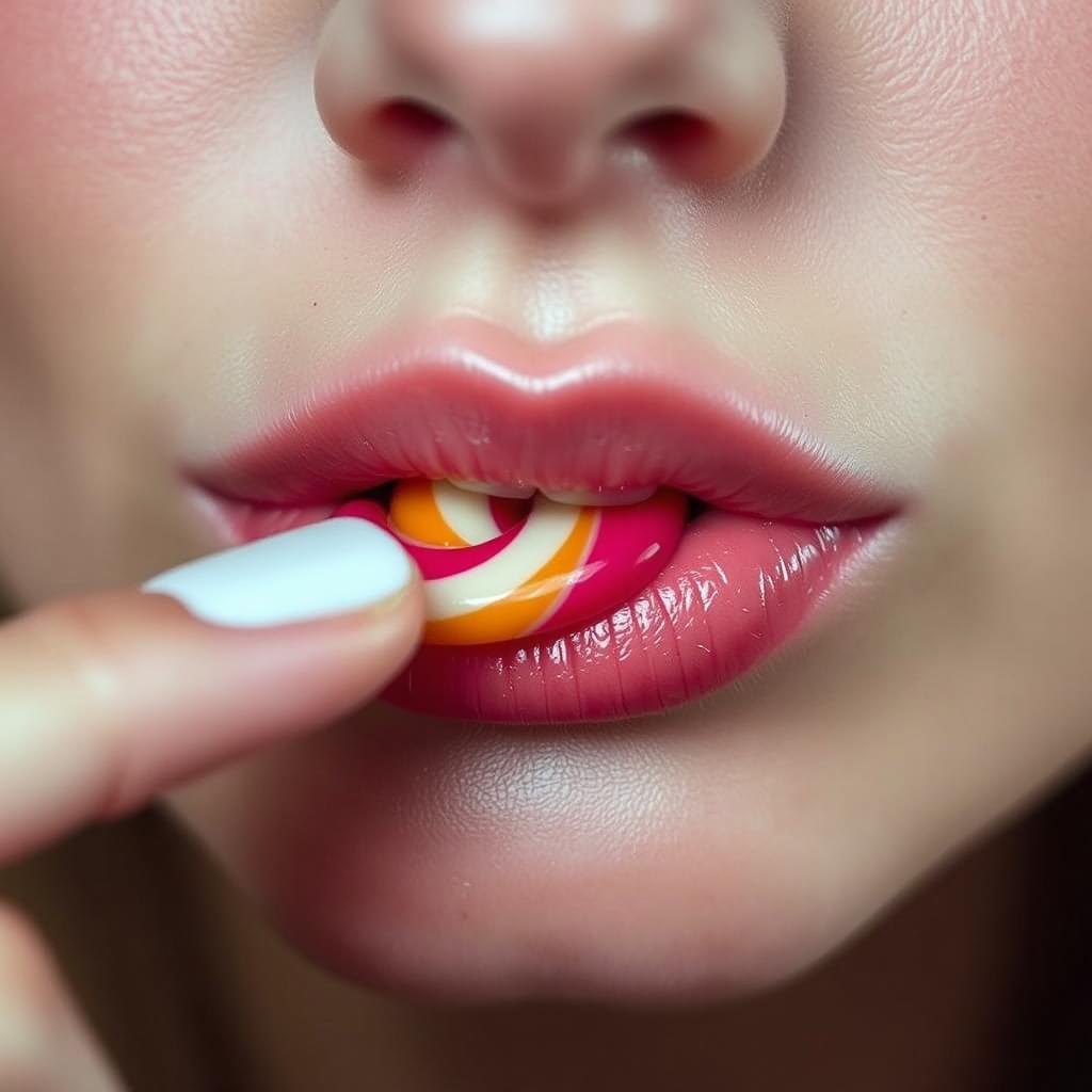 Close-up photograph of a woman's mouth as she gently bites a lollipop