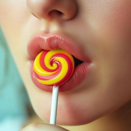 Close-up photograph of a woman's mouth as she gently bites a lollipop