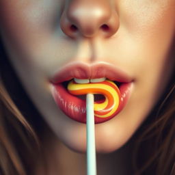 Close-up photograph of a woman's mouth as she gently bites a lollipop