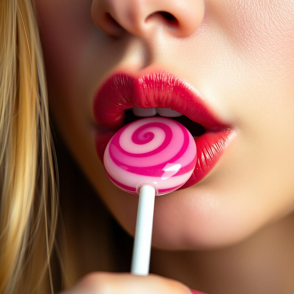 Close-up photograph of a woman's mouth as she gently bites a lollipop