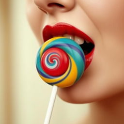 Close-up photograph of a retro-styled woman's mouth as she bites into a large lollipop