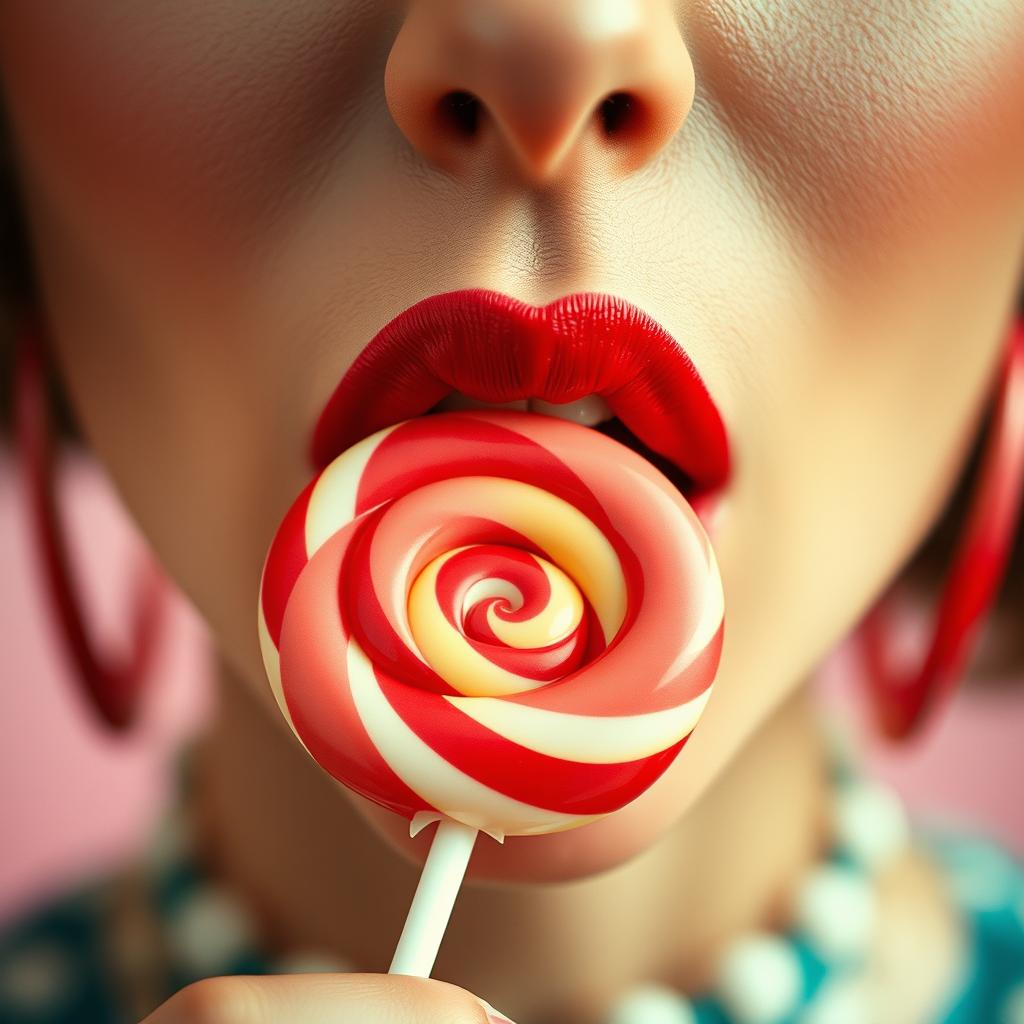 Close-up photograph of a retro-styled woman's mouth as she bites into a large lollipop