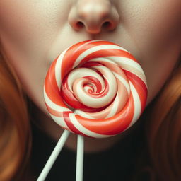 Close-up photograph of a retro-styled woman's mouth as she bites into a large lollipop