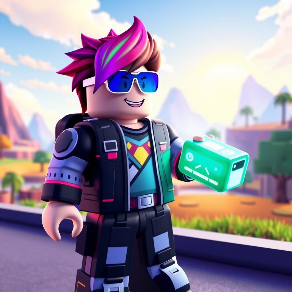 A Roblox character designed with blocky and colorful features, wearing a trendy virtual outfit