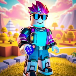 A Roblox character designed with blocky and colorful features, wearing a trendy virtual outfit