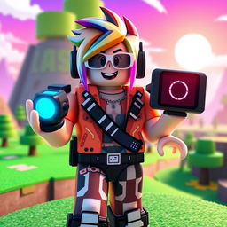 A Roblox character designed with blocky and colorful features, wearing a trendy virtual outfit