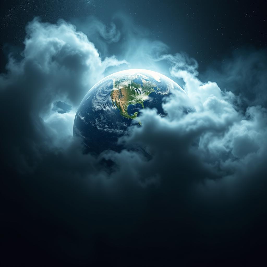 A mysterious and enigmatic representation of Earth, featuring swirling clouds and mist enveloping the globe, highlighting the awe-inspiring beauty and majesty of our planet in a cosmic setting