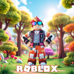 A Roblox character with a blocky and colorful design, standing confidently with arms on hips