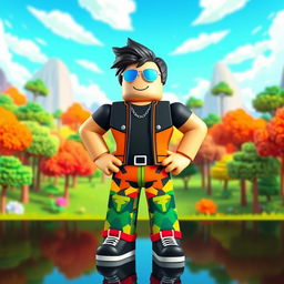 A Roblox character with a blocky and colorful design, standing confidently with arms on hips