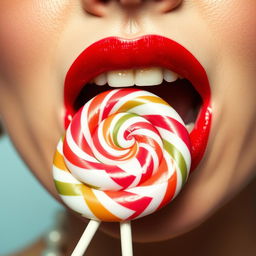 Close-up photograph of a retro-styled woman's mouth as she bites into a big lollipop with her teeth