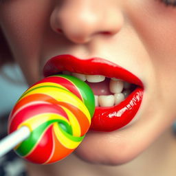 Close-up photograph of a retro-styled woman's mouth as she bites into a big lollipop with her teeth