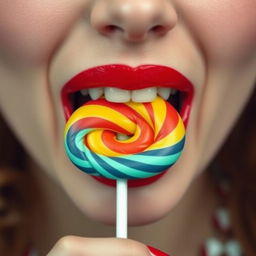 Close-up photograph of a retro-styled woman's mouth as she bites into a big lollipop with her teeth