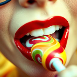 Close-up photograph of a retro-styled woman's mouth as she bites into a big lollipop with her teeth