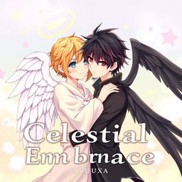 Book cover for 'Celestial Embrace' in a heartwarming anime style