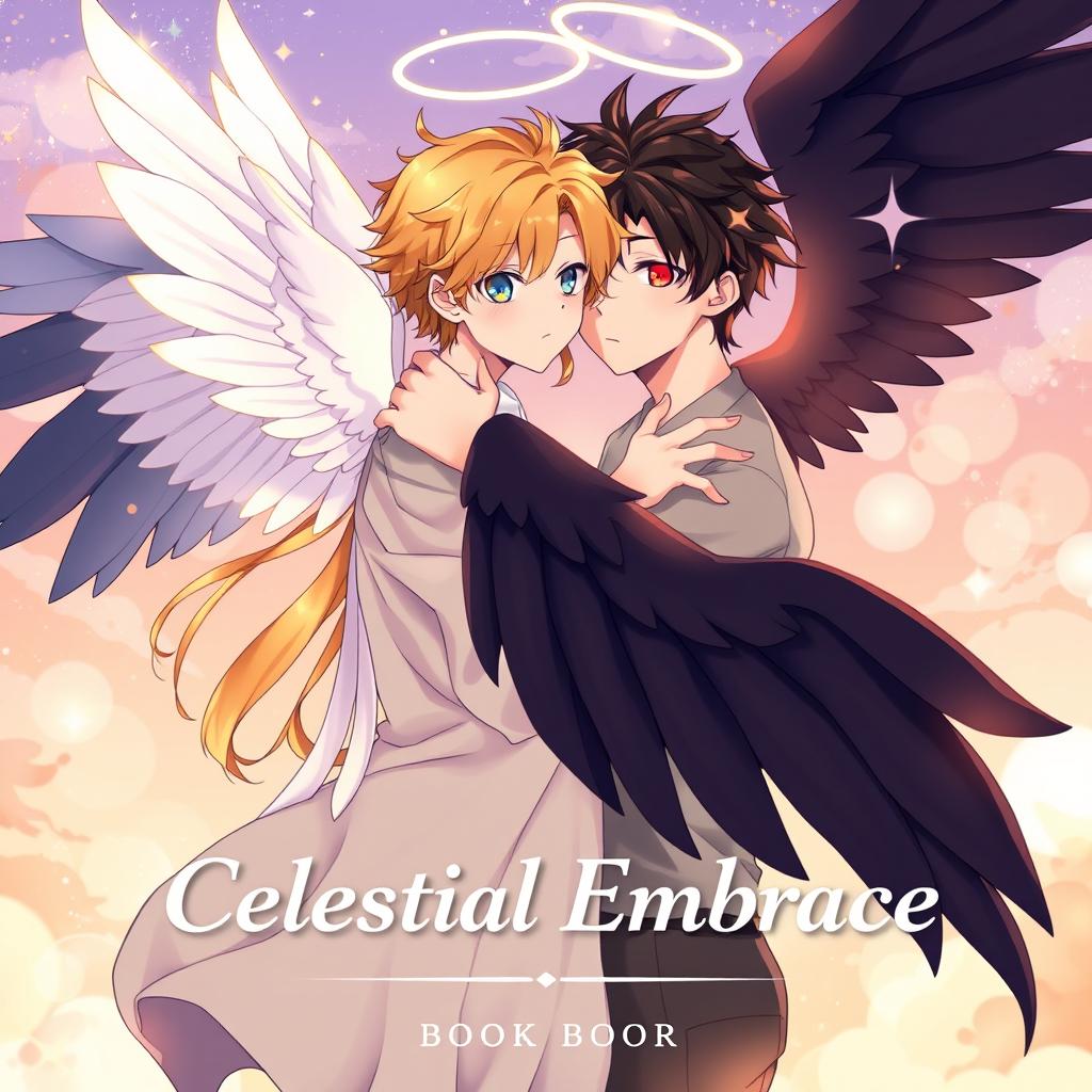 Book cover for 'Celestial Embrace' in a heartwarming anime style