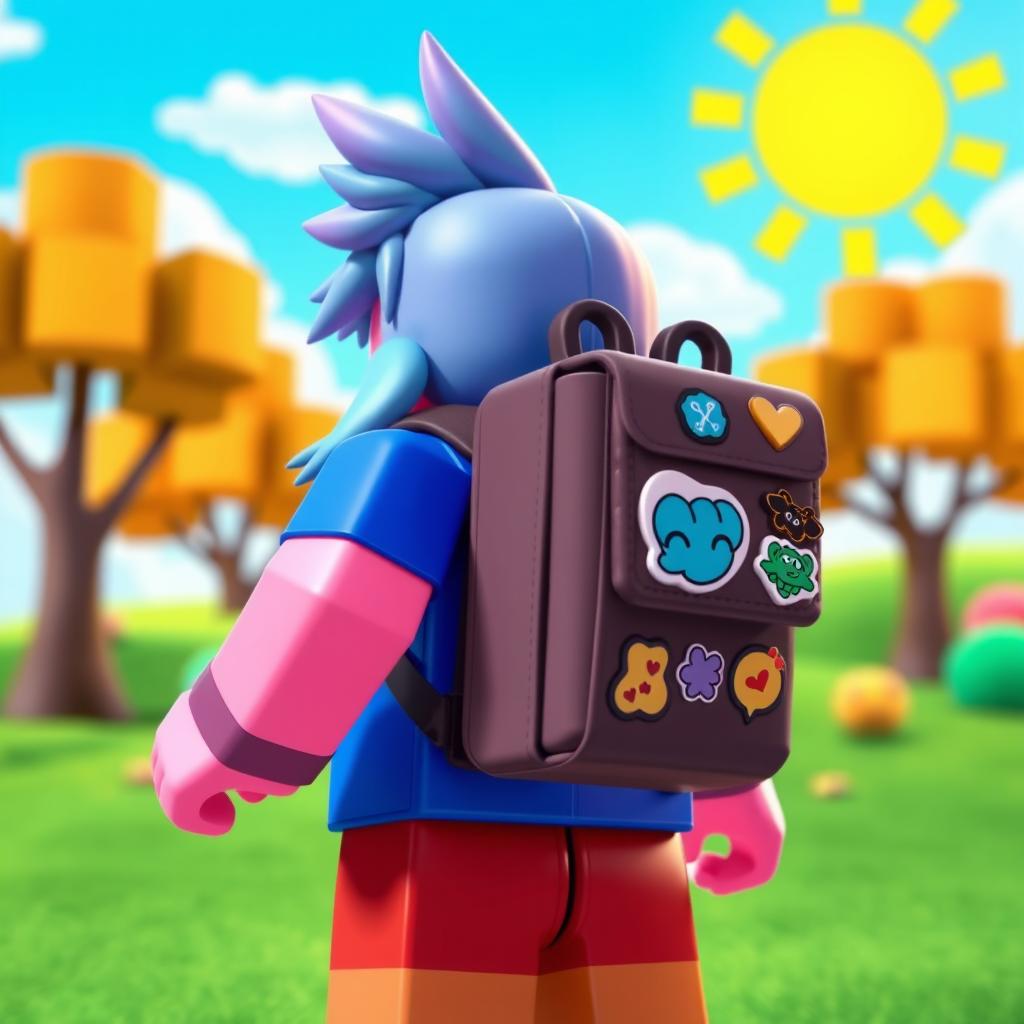 A vibrant Roblox character with a blocky, colorful design, wearing a stylish backpack