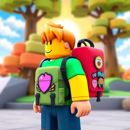 A vibrant Roblox character with a blocky, colorful design, wearing a stylish backpack