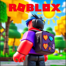 A vibrant Roblox character with a blocky, colorful design, wearing a stylish backpack