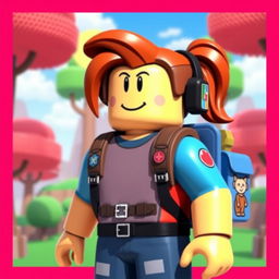 A vibrant Roblox character with a blocky, colorful design, wearing a stylish backpack