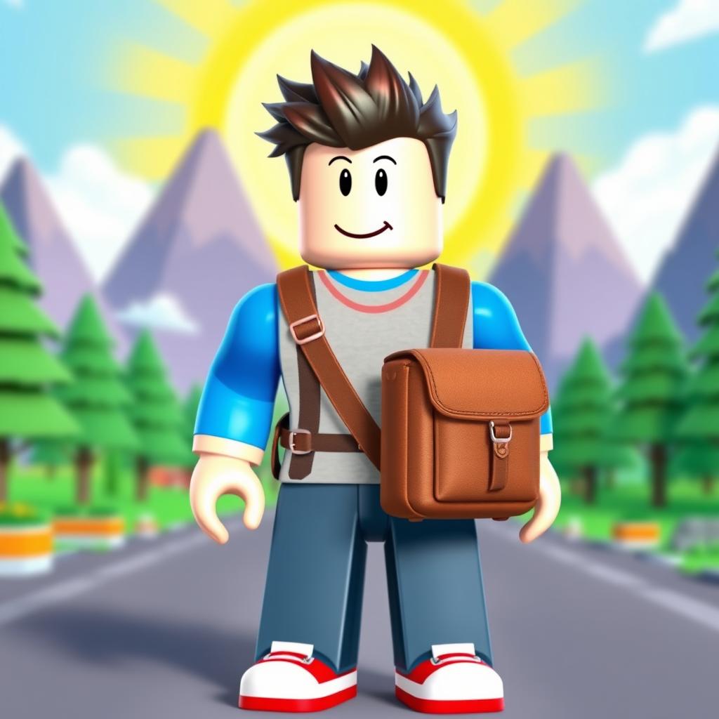 A Roblox character with a blocky and colorful design, wearing a stylish brown backpack