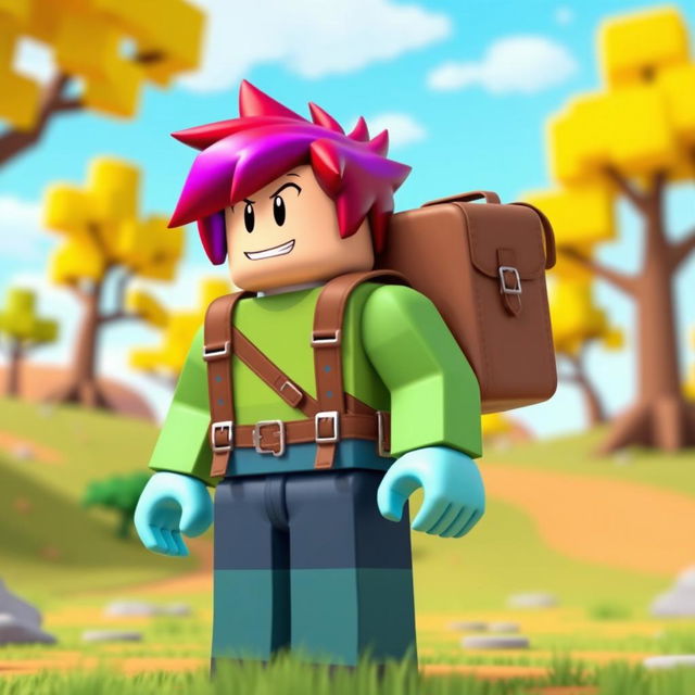 A Roblox character with a blocky and colorful design, wearing a stylish brown backpack