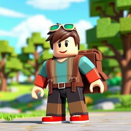 A Roblox character with a blocky and colorful design, wearing a stylish brown backpack