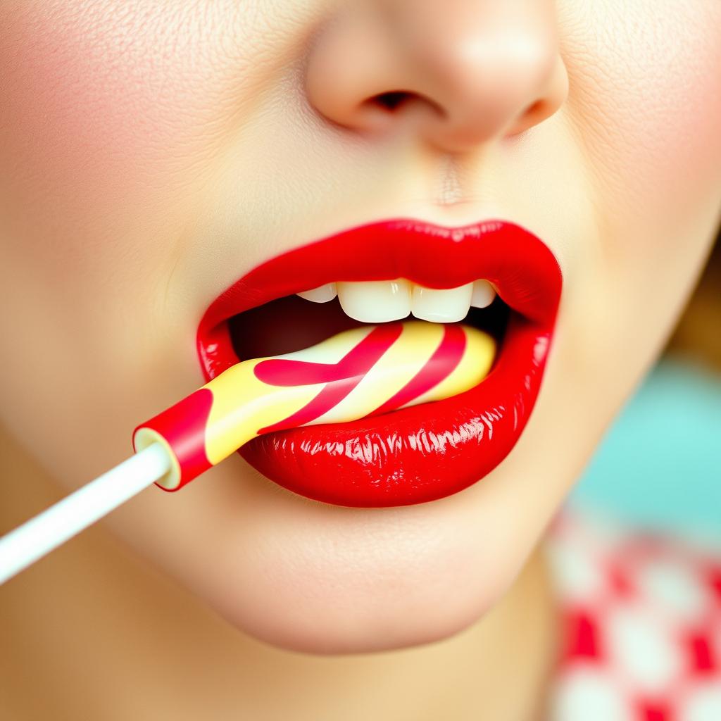 Close-up photograph of a retro-styled woman's mouth as she bites into a big lollipop with her left teeth