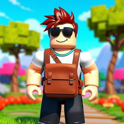 A Roblox character with a blocky and colorful design, wearing a stylish brown backpack